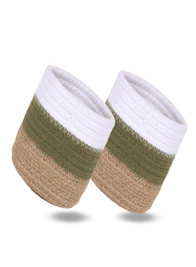 DENOVA Cotton round Organizer, Home & Kitchen Jute/Mini Rope Handwoven Eco-friendly Wicker Multipurpose Storage Shelf Basket for Hamper Gift Toy Books Stationary Pack of 3 (Olive & Natural) - Image 2