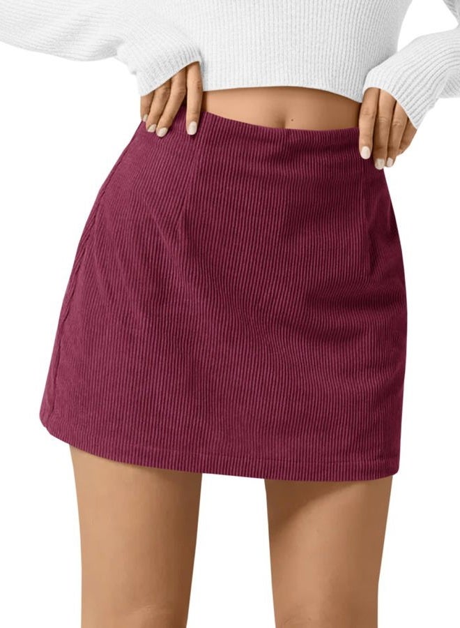 Wenrine Womens Corduroy Mini Skirt High Waisted Basic Casual A-line Short Fall Winter Skirts, Burgundy, M - Image 1