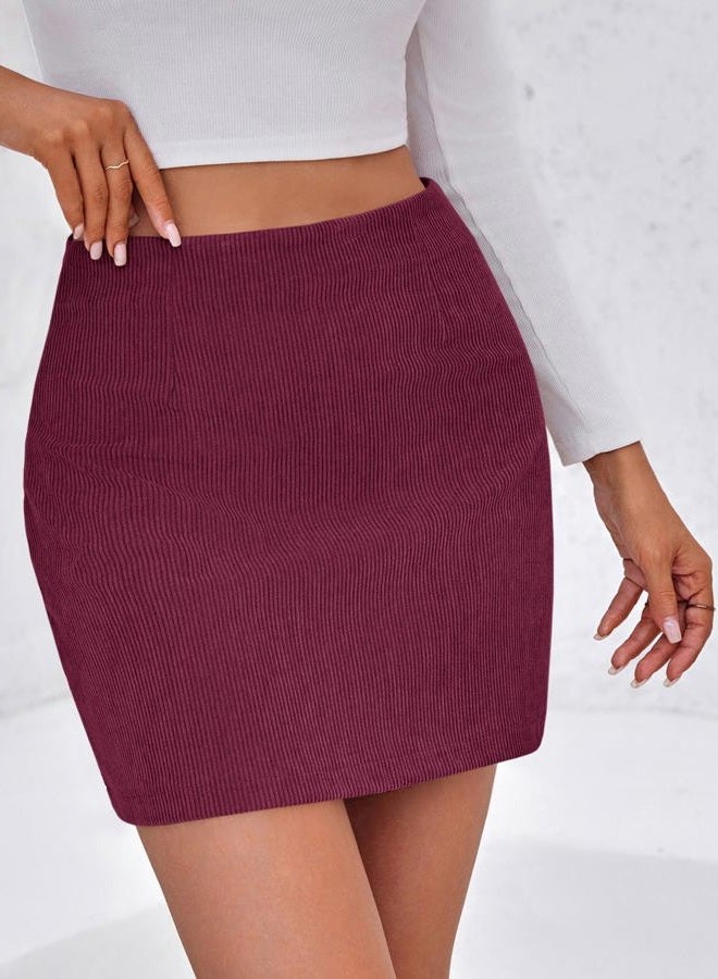 Wenrine Womens Corduroy Mini Skirt High Waisted Basic Casual A-line Short Fall Winter Skirts, Burgundy, M - Image 3