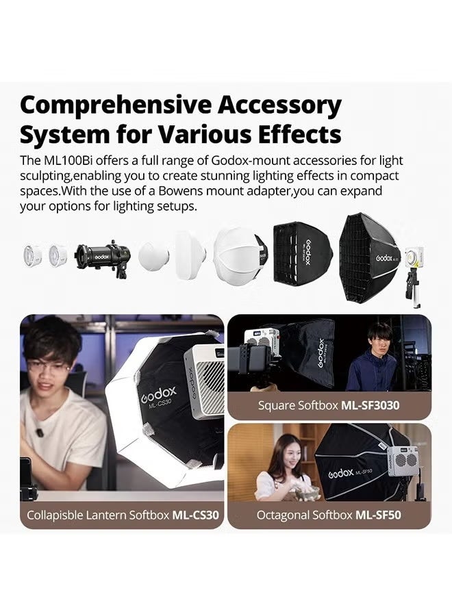 Godox ML100Bi 100W LED Video Light, 2800K-6500K Bi-Color Video Lighting Kit, 34300 Lux CRI 97+/TLCI 98+, APP Control, USB-C Charging, 11 FX Effects, for Filming/Live Streaming/Outdoor Photography - Image 3