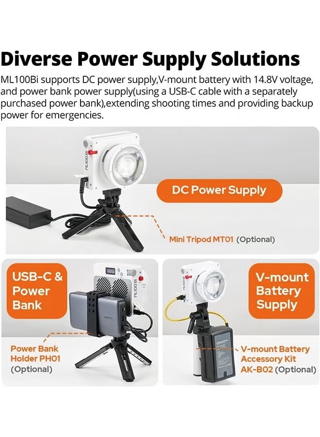 Godox ML100Bi 100W LED Video Light, 2800K-6500K Bi-Color Video Lighting Kit, 34300 Lux CRI 97+/TLCI 98+, APP Control, USB-C Charging, 11 FX Effects, for Filming/Live Streaming/Outdoor Photography - Image 5