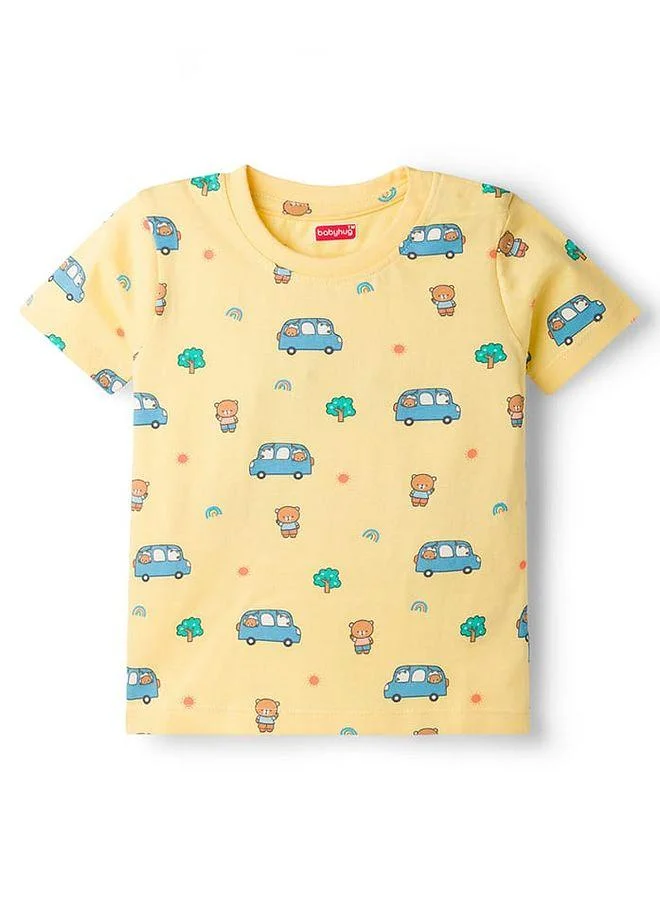 Babyhug Babyhug Cotton Knit Half Sleeves Co-Ord Pajama Night Suit With Car Print - Yellow
