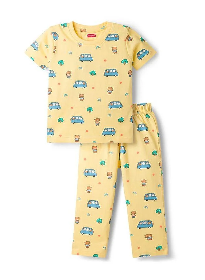Babyhug Babyhug Cotton Knit Half Sleeves Co-Ord Pajama Night Suit With Car Print - Yellow