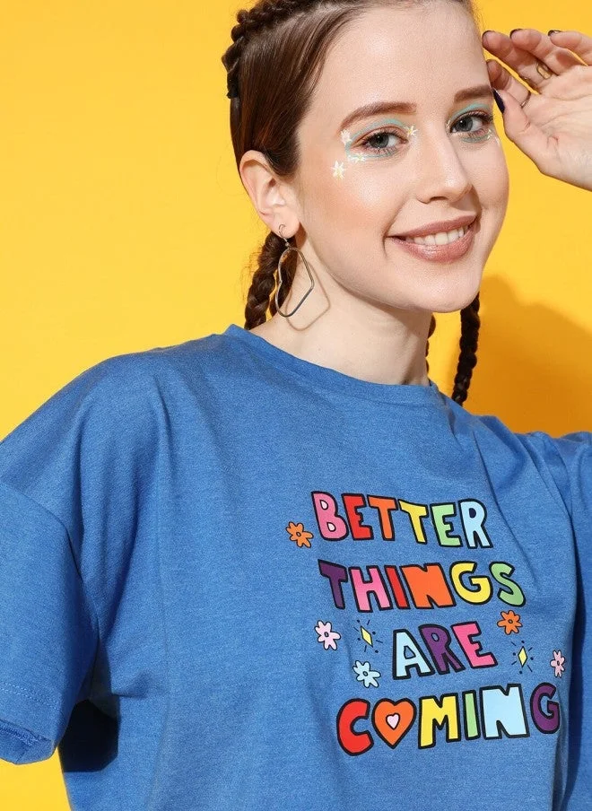 STREET 9 Blue Typography Printed Crop T-Shirt for Women