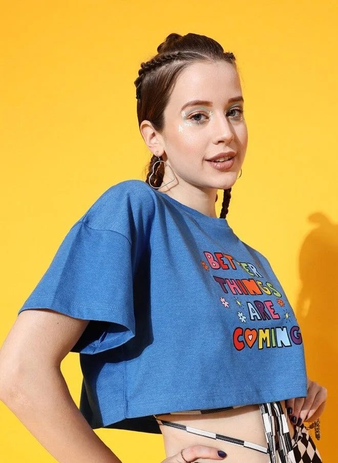 STREET 9 Blue Typography Printed Crop T-Shirt for Women