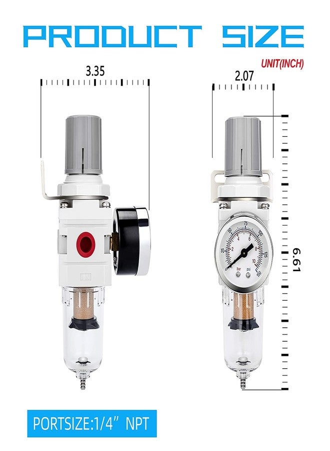 NANPU 1/4" NPT Compressed Air Filter Regulator Combo Piggyback, 5 Micron Brass Element, Poly Bowl, Semi-Auto Drain, Metal Bracket, 0-150 psi Gauge - Image 3