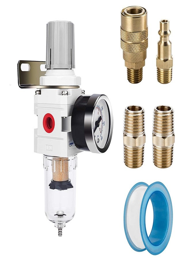 NANPU 1/4" NPT Compressed Air Filter Regulator Combo Piggyback, 5 Micron Brass Element, Poly Bowl, Semi-Auto Drain, Metal Bracket, 0-150 psi Gauge - Image 1