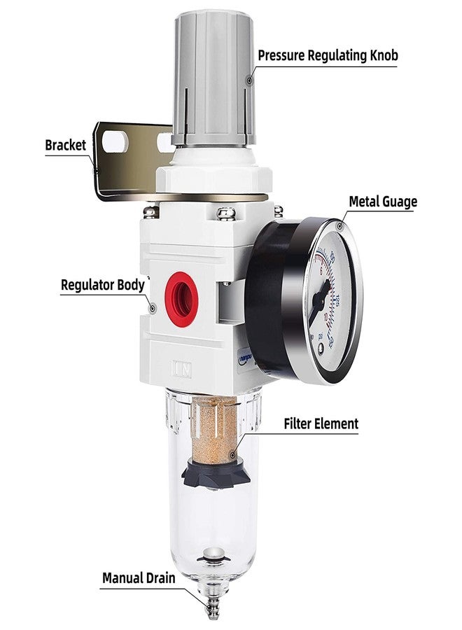 NANPU 1/4" NPT Compressed Air Filter Regulator Combo Piggyback, 5 Micron Brass Element, Poly Bowl, Semi-Auto Drain, Metal Bracket, 0-150 psi Gauge - Image 2