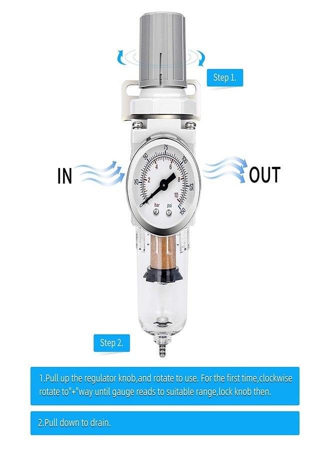 NANPU 1/4" NPT Compressed Air Filter Regulator Combo Piggyback, 5 Micron Brass Element, Poly Bowl, Semi-Auto Drain, Metal Bracket, 0-150 psi Gauge - Image 4