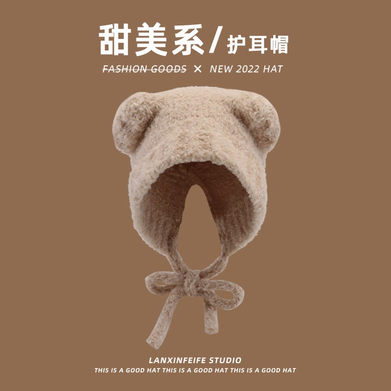 Cute Bear Ear Fluffy Winter Hat Knit Women Warm Black