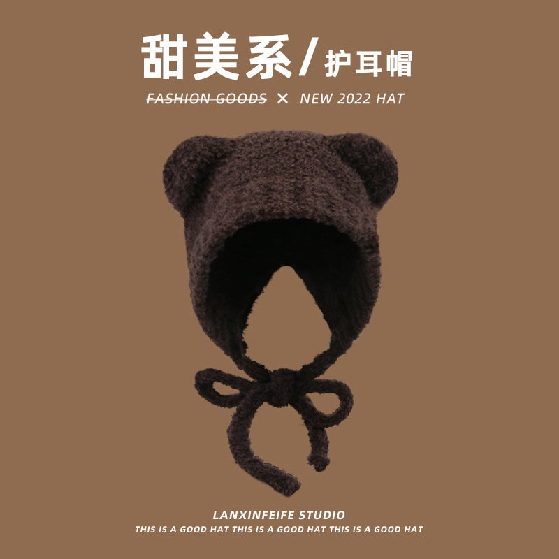 Cute Bear Ear Fluffy Winter Hat Knit Women Warm Black