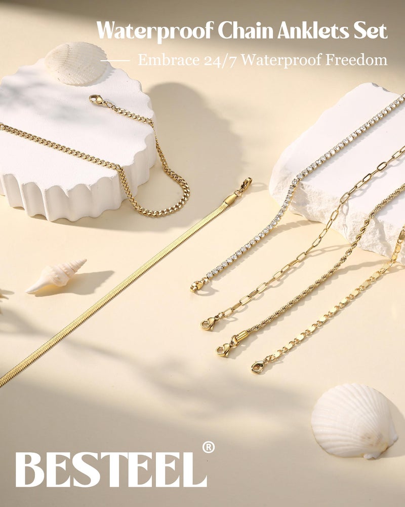 Besteel 6PCS Ankle Bracelets for Women Waterproof-14K Gold Plated Anklets for Women Non Tarnish Hypoallergenic Stainless Steel Cuban Link Chain Anklet Set Layered Beach Jewelry Gift Adjustable CG - Image 5
