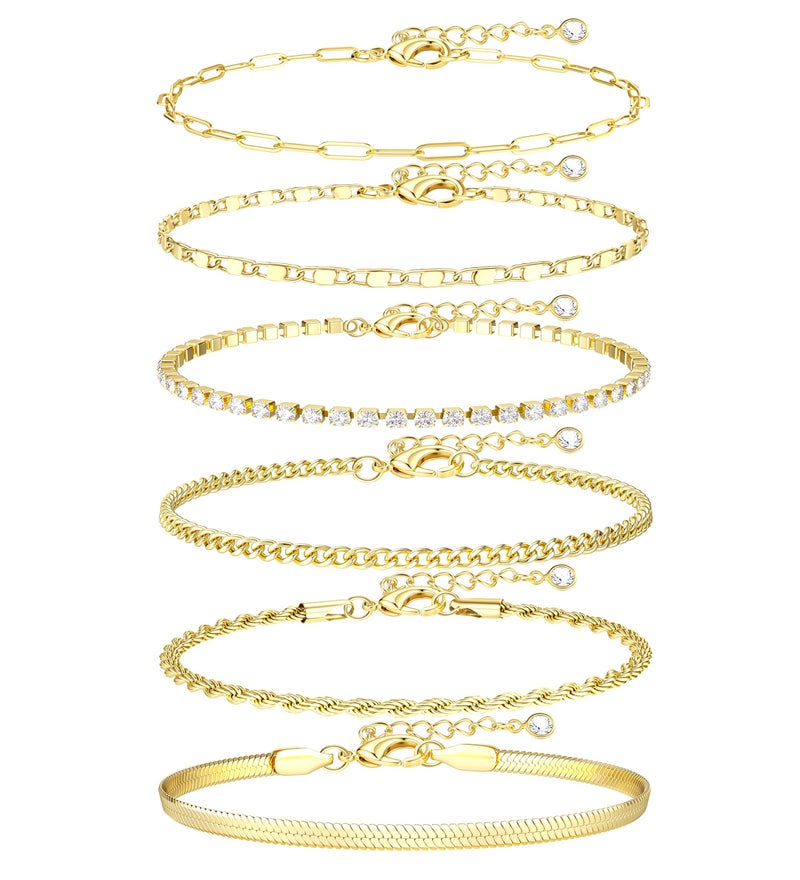 Besteel 6PCS Ankle Bracelets for Women Waterproof-14K Gold Plated Anklets for Women Non Tarnish Hypoallergenic Stainless Steel Cuban Link Chain Anklet Set Layered Beach Jewelry Gift Adjustable CG - Image 1