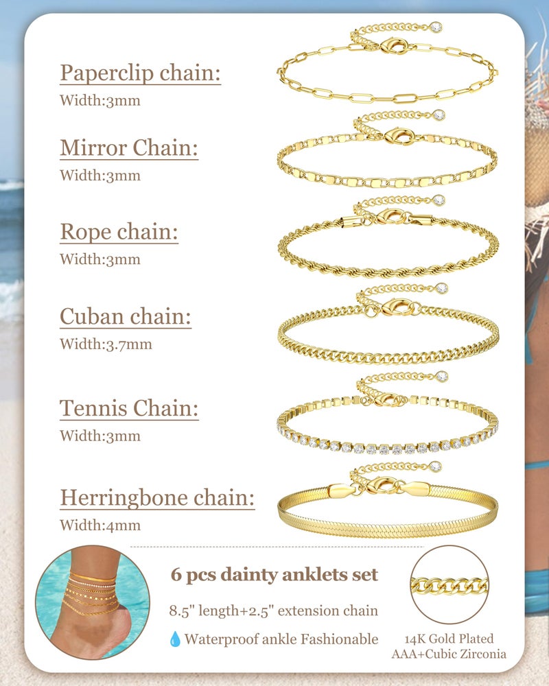Besteel 6PCS Ankle Bracelets for Women Waterproof-14K Gold Plated Anklets for Women Non Tarnish Hypoallergenic Stainless Steel Cuban Link Chain Anklet Set Layered Beach Jewelry Gift Adjustable CG - Image 3
