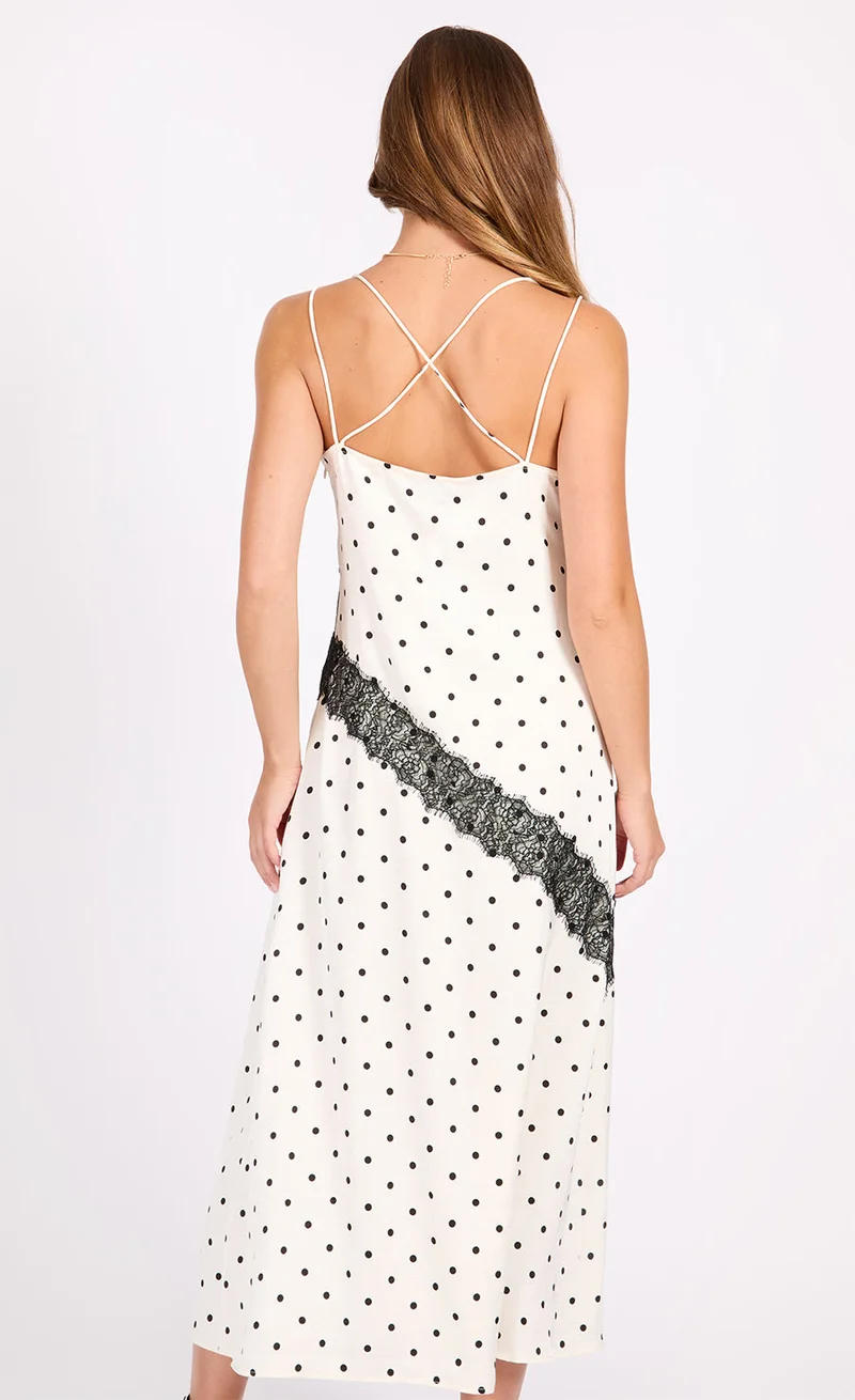 Little Mistress Polka Dot Lace Trim Midaxi Dress