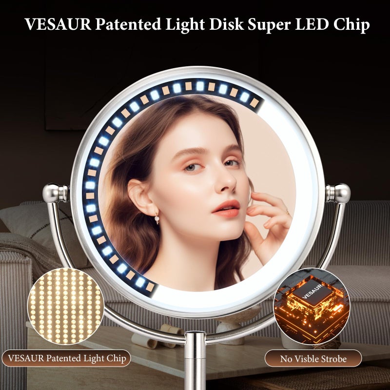 VESAUR Professional 8.5" Large Lighted Makeup Mirror with Brighter Lights, 1X/10X True HD Magnifying Mirror with 3 Color Dimmable Lights, 90 Shadowless LEDs, 360Â°Swivel Seamless Vanity Mirror, Pearl Nickel - Image 5