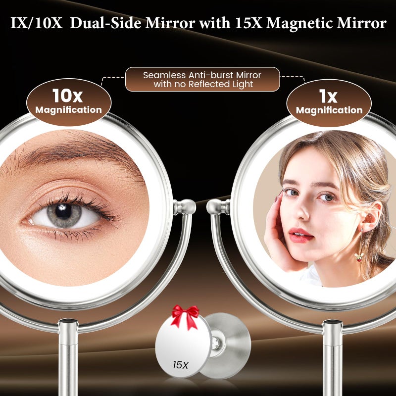VESAUR Professional 8.5" Large Lighted Makeup Mirror with Brighter Lights, 1X/10X True HD Magnifying Mirror with 3 Color Dimmable Lights, 90 Shadowless LEDs, 360Â°Swivel Seamless Vanity Mirror, Pearl Nickel - Image 2