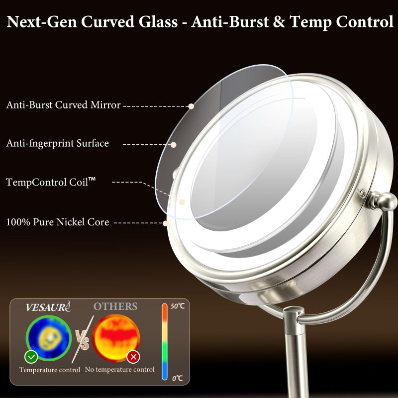 VESAUR Professional 8.5" Large Lighted Makeup Mirror with Brighter Lights, 1X/10X True HD Magnifying Mirror with 3 Color Dimmable Lights, 90 Shadowless LEDs, 360Â°Swivel Seamless Vanity Mirror, Pearl Nickel - Image 3