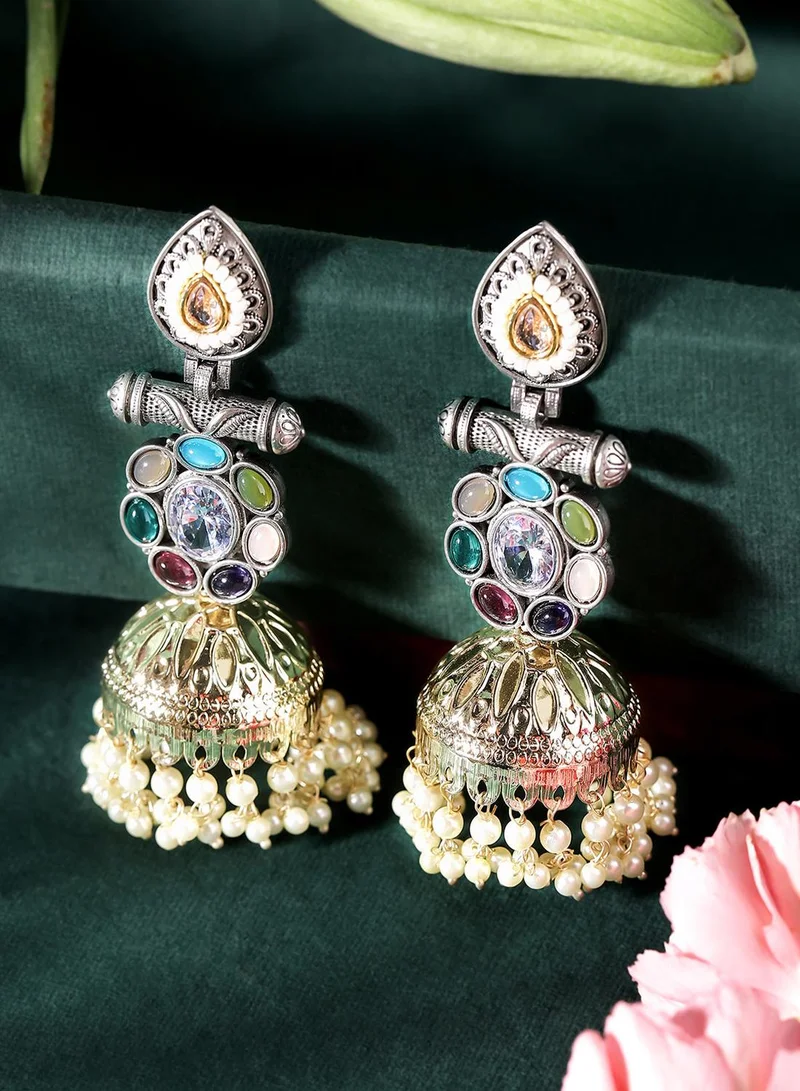 ISHIN Multi Colour Metallic Grey Plated Beads Jhumka Earring