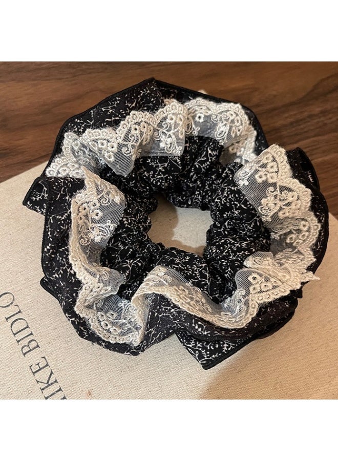 French Satin Mesh Scrunchies, Black Ditsy Floral Lace Style, 2 Pack