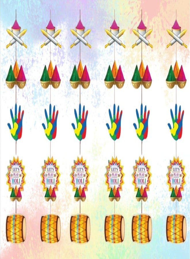 Atpata Funky Holi Theme Faag Utsav Hanging Decorations – Colorful Pichkari, Dhol, Handprint, Color Gulaal Bowl & Happy Holi Cutouts (7.5inch) for Holi Hai Party Rang Barse Backdrop Event Decor - Image 1