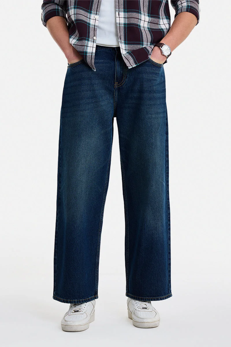 سنيتش Blue Solid Loose Fit Streetwear Jeans
