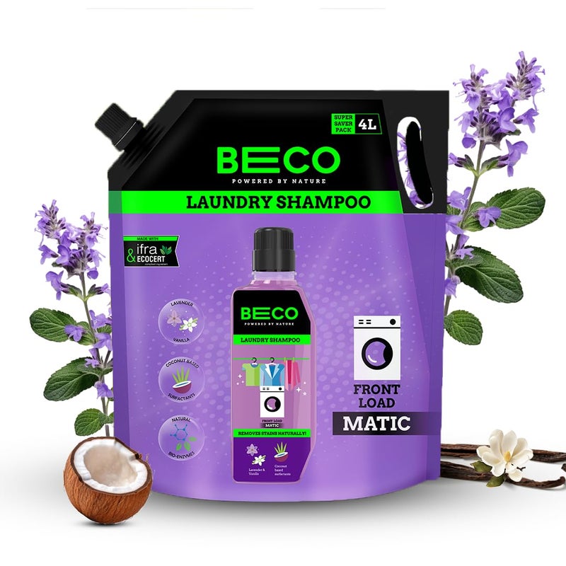 Beco Natural Liquid Detergent Front Load-4L Refill Pack | Tough Stain Removal | Lavender & Vanilla Freshness | Retains Brightness & Shine | Chemical Free | Front Load Washing Machine Detergent Liquid - Image 2