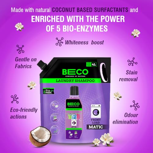 Beco Natural Liquid Detergent Front Load-4L Refill Pack | Tough Stain Removal | Lavender & Vanilla Freshness | Retains Brightness & Shine | Chemical Free | Front Load Washing Machine Detergent Liquid - Image 4