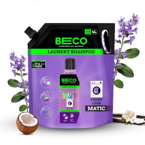 Beco Natural Liquid Detergent Front Load-4L Refill Pack | Tough Stain Removal | Lavender & Vanilla Freshness | Retains Brightness & Shine | Chemical Free | Front Load Washing Machine Detergent Liquid - Image 1