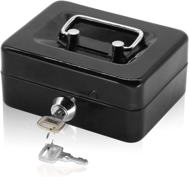 Ostin Mini Pocket Money Box with Lockable Tin Box Cash Box with Money TraySmall Safe Lock Box with Key Cash Drawer Black - Image 1
