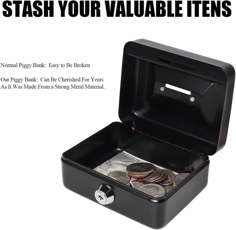 Ostin Mini Pocket Money Box with Lockable Tin Box Cash Box with Money TraySmall Safe Lock Box with Key Cash Drawer Black - Image 4