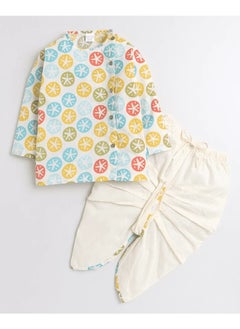 Polka Tots Polka Tots Full Sleeves Star Print Angrakha Top With Piping Dhoti - Cream  - Image 1