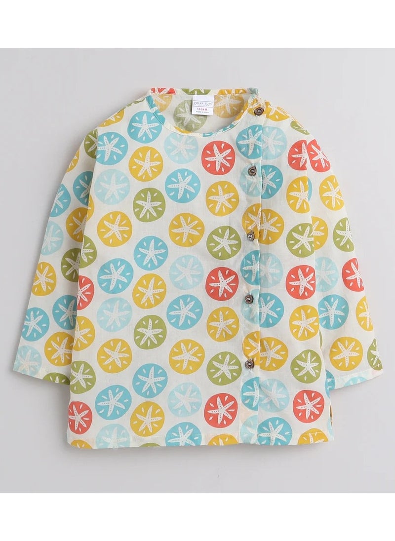 Polka Tots - Polka Tots Full Sleeves Star Print Angrakha Top With Piping Dhoti - Cream - Image 1
