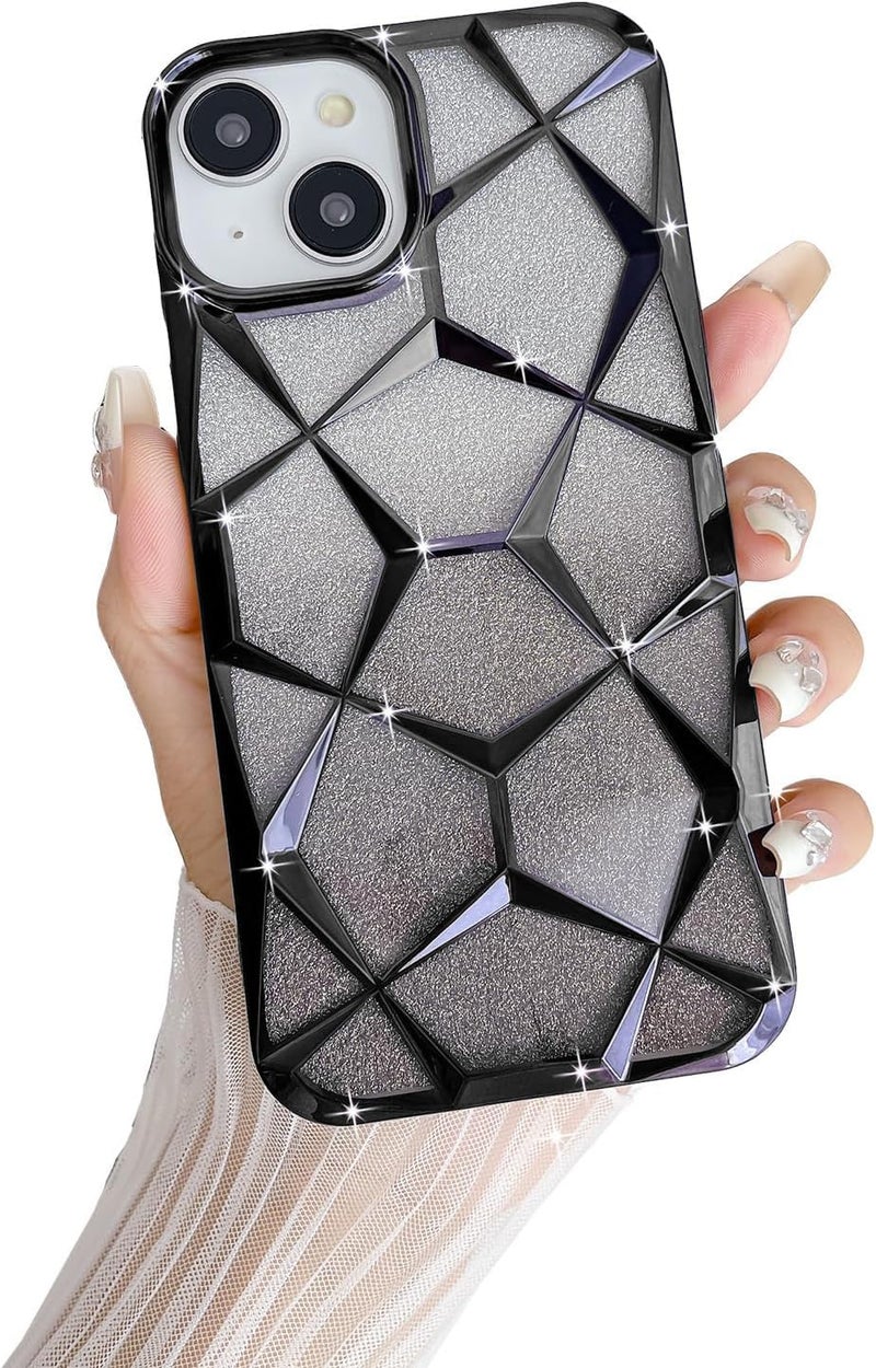 VONZEE Compatible with iPhone 15 Gradient Glitter Case, Luxury Electroplated 3D Cube, Diamond Bling Shiny Soft TPU Clear Shockproof Case Women Girls Protective Phone Cover (Black) - Image 1