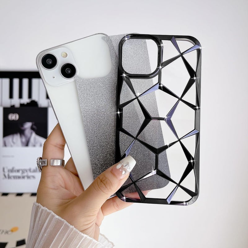VONZEE Compatible with iPhone 15 Gradient Glitter Case, Luxury Electroplated 3D Cube, Diamond Bling Shiny Soft TPU Clear Shockproof Case Women Girls Protective Phone Cover (Black) - Image 4