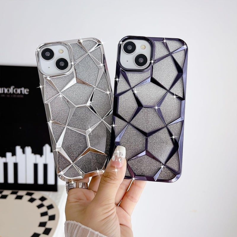 VONZEE Compatible with iPhone 15 Gradient Glitter Case, Luxury Electroplated 3D Cube, Diamond Bling Shiny Soft TPU Clear Shockproof Case Women Girls Protective Phone Cover (Black) - Image 5