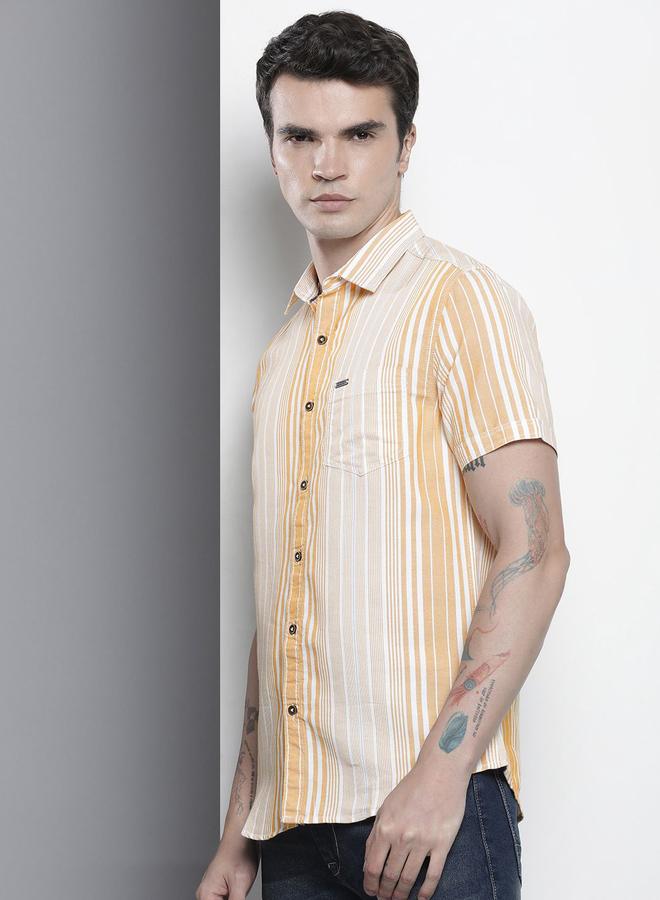 The Indian Garage Co Men Orange Striped Spread Collar Shirt - Image 5