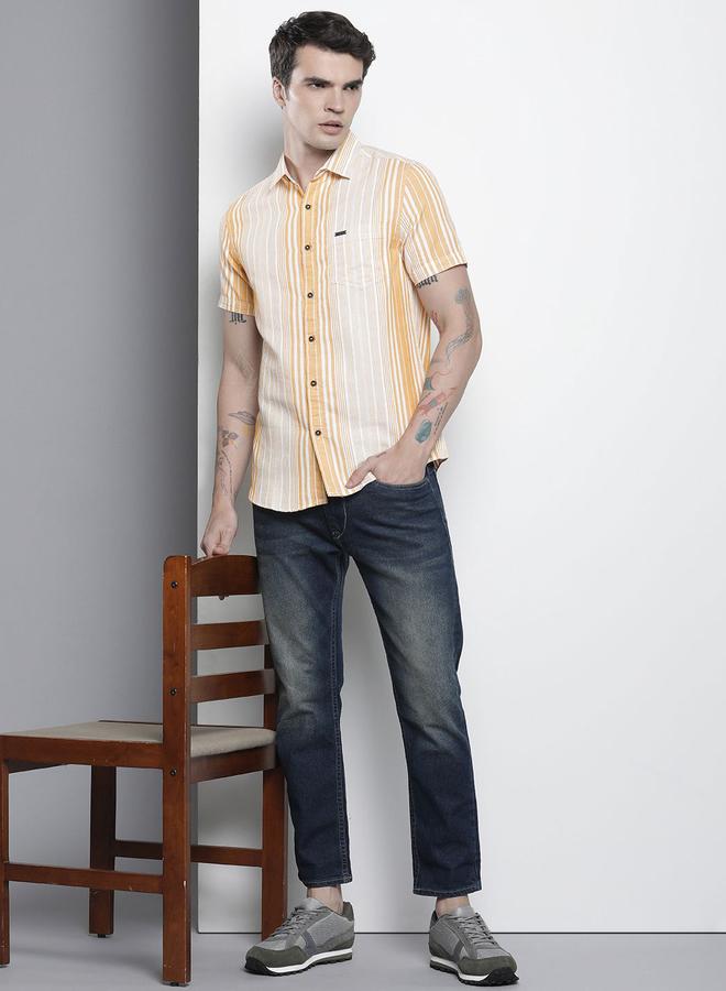 The Indian Garage Co Men Orange Striped Spread Collar Shirt - Image 3