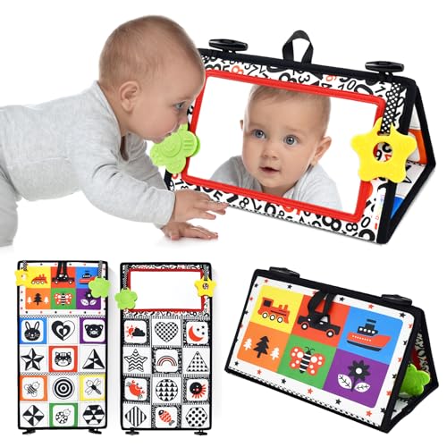 Dr.Rapeti Tummy Time Floor Mirror for Baby Infant Toddler Kids Black and White High Contrast Baby Toy with Teethers Floor Activity Toy Washable Non-Toxic - Image 1