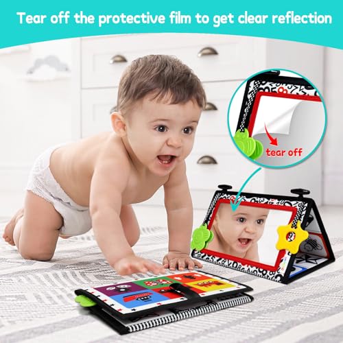 Dr.Rapeti Tummy Time Floor Mirror for Baby Infant Toddler Kids Black and White High Contrast Baby Toy with Teethers Floor Activity Toy Washable Non-Toxic - Image 5