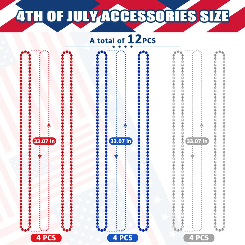 EOBOH 4th of July Party Favors, 12PCS Veterans Day Necklaces Bulk, Fourth of July Red Blue Silver Beads Necklace, Veterans Day Patriotic Beads Bulk for Parade Party Celebration Favors Decorations - Image 2