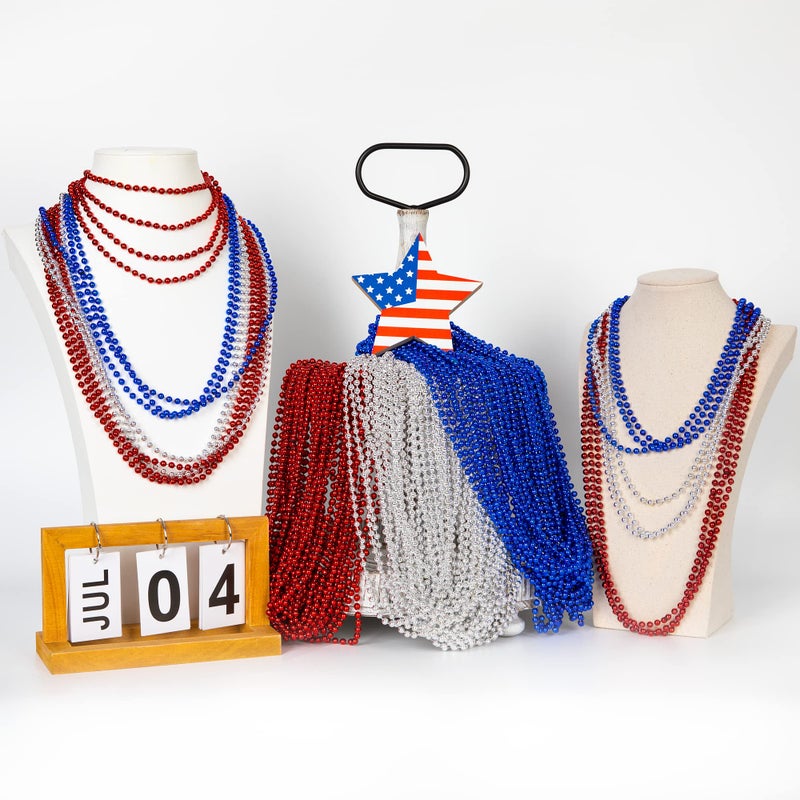 EOBOH 4th of July Party Favors, 12PCS Veterans Day Necklaces Bulk, Fourth of July Red Blue Silver Beads Necklace, Veterans Day Patriotic Beads Bulk for Parade Party Celebration Favors Decorations - Image 3