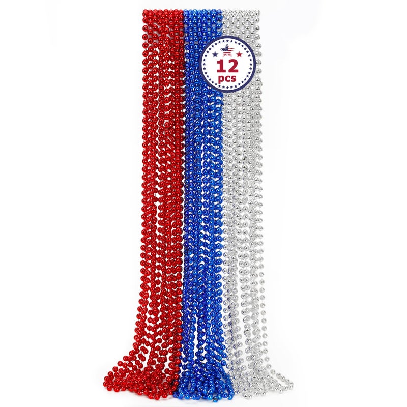 EOBOH 4th of July Party Favors, 12PCS Veterans Day Necklaces Bulk, Fourth of July Red Blue Silver Beads Necklace, Veterans Day Patriotic Beads Bulk for Parade Party Celebration Favors Decorations - Image 1
