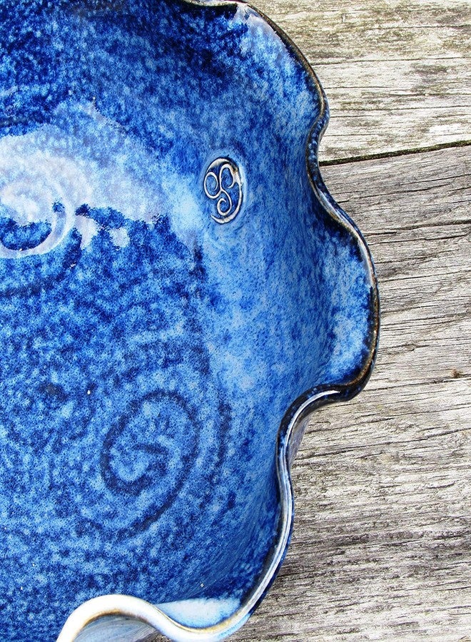 Castle Arch Pottery Ireland Medium Wavy Serving Bowl Hand-Thrown Original Pottery Design Measures 8.5 inches Diameter with Blue Spiral Finish - Image 3