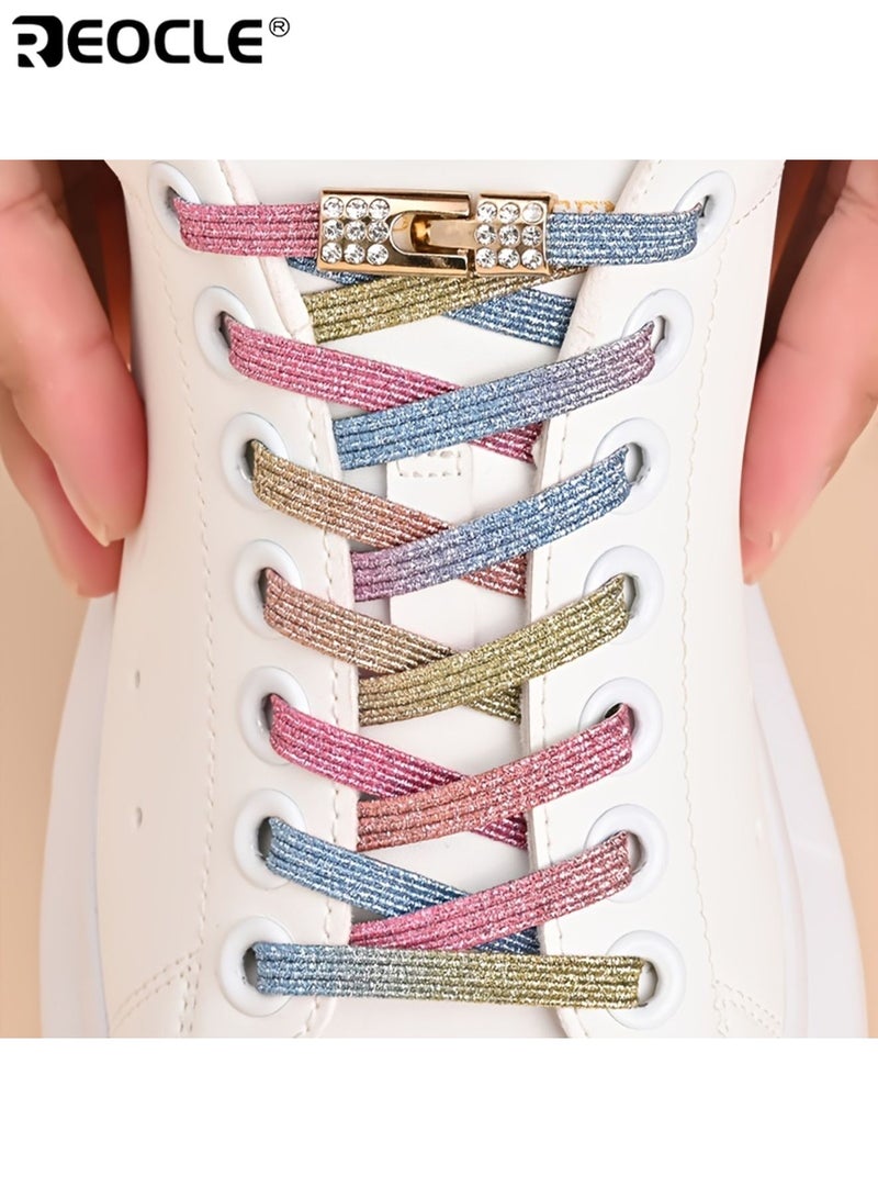 ريوكل أربطة أحذية أنيقة مرنة بدون ربط مشبك مغناطيسي للإفلات السريع مع زينة ألماسية لامعة أربطة بدون عقد لأحذية النساء الرياضية والقماشية تثبيت آمن قابل للتعديل مريح - Image 2