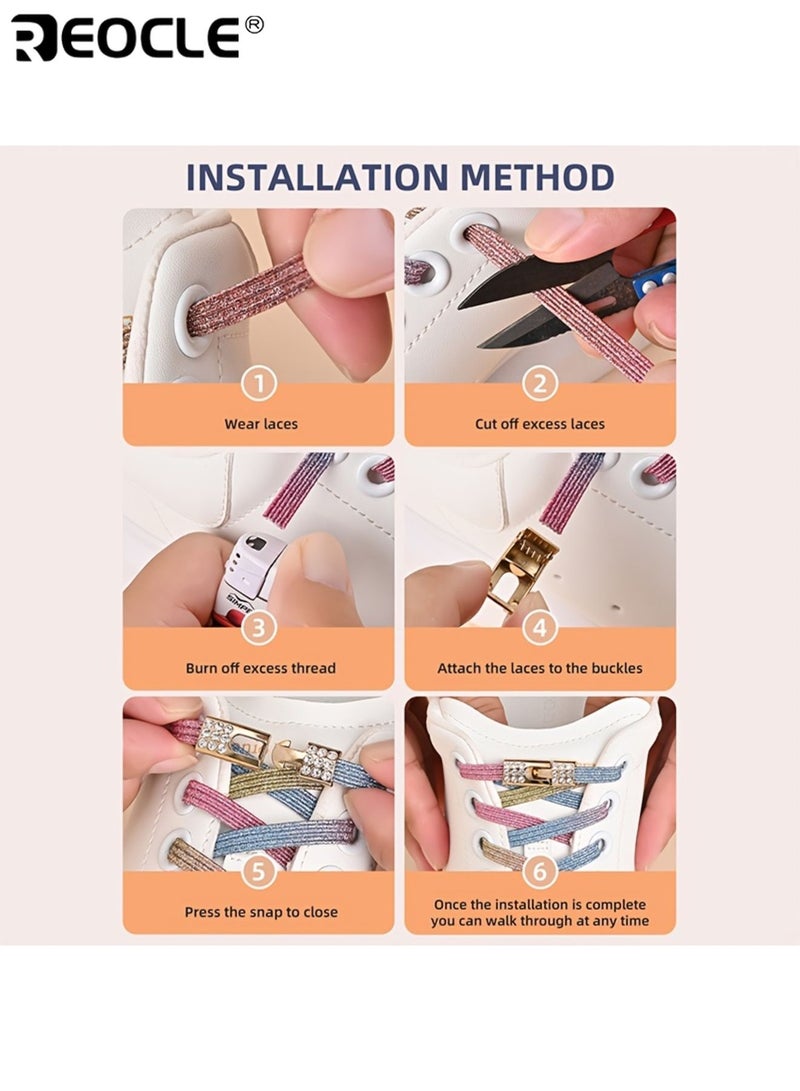 ريوكل أربطة أحذية أنيقة مرنة بدون ربط مشبك مغناطيسي للإفلات السريع مع زينة ألماسية لامعة أربطة بدون عقد لأحذية النساء الرياضية والقماشية تثبيت آمن قابل للتعديل مريح - Image 5
