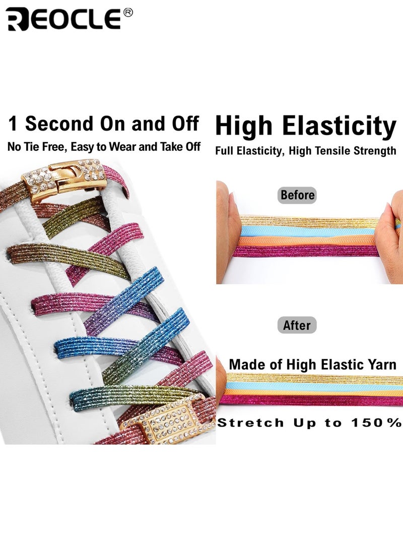 ريوكل أربطة أحذية أنيقة مرنة بدون ربط مشبك مغناطيسي للإفلات السريع مع زينة ألماسية لامعة أربطة بدون عقد لأحذية النساء الرياضية والقماشية تثبيت آمن قابل للتعديل مريح - Image 4