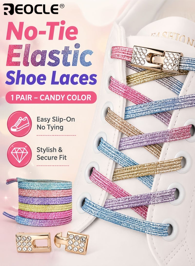 REOCLE Elegant No Tie Elastic Shoelaces Quick Release Magnetic Clasp with Bling Diamond Charms Tieless Laces for Womens Sneakers and Canvas Shoes Secure Adjustable Comfort Fit - Image 1