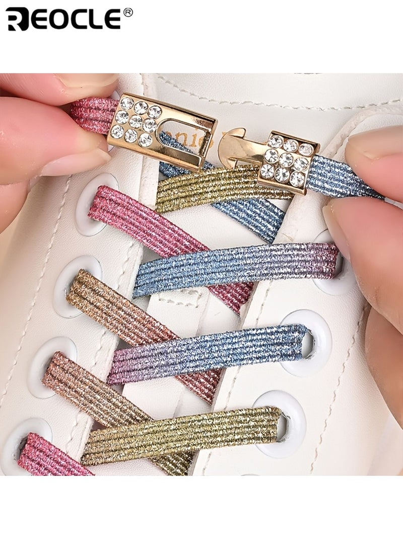 REOCLE Elegant No Tie Elastic Shoelaces Quick Release Magnetic Clasp with Bling Diamond Charms Tieless Laces for Womens Sneakers and Canvas Shoes Secure Adjustable Comfort Fit - Image 3