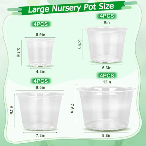 FUIJOL 6/8/10/12 Inch Large Clear Nursery Pots with Drainage, 16 Pack Clear Plastic Nursery Pots for Plants, Garden Seedling Starter Plant Pots for Succulents, Flower & Vegetable (6/8/10/12in-16Pack) - Image 2